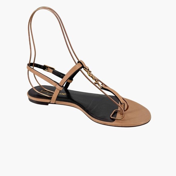 Saint Laurent Cassandra YSL T-Strap Flat Sandals Tan Leather Size 37 US 7 Women - Picture 12 of 15